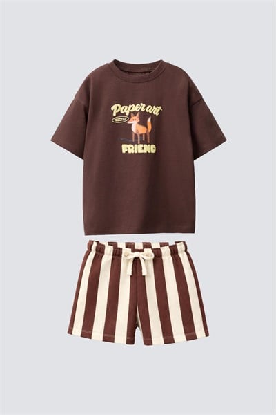 Unisex Çocuk Pamuklu Kahverengi Tilki Baskılı T-Shirt Şort Takım