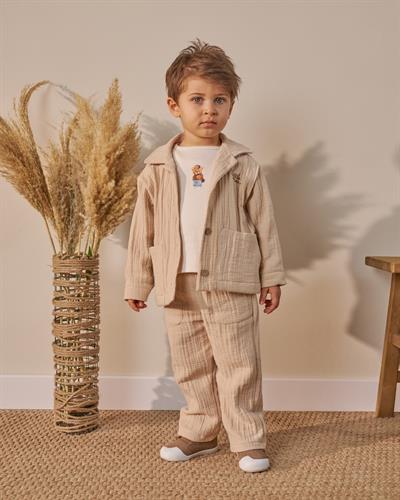 Erkek Çocuk Pamuklu Bej Müslin Ceketli T-Shirtli Pantolon Takım