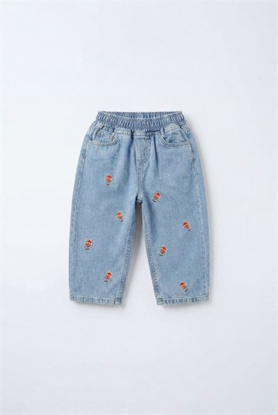 Unisex Çocuk Pamuklu Balon Nakışlı Oversize Kot Pantolon