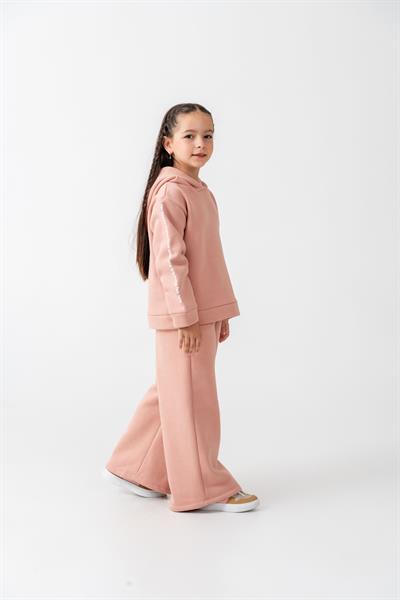 Kız Çocuk Pamuklu Pudra Kapüşonlu Sweatshirt ve Bol Paça Eşofman Takım
