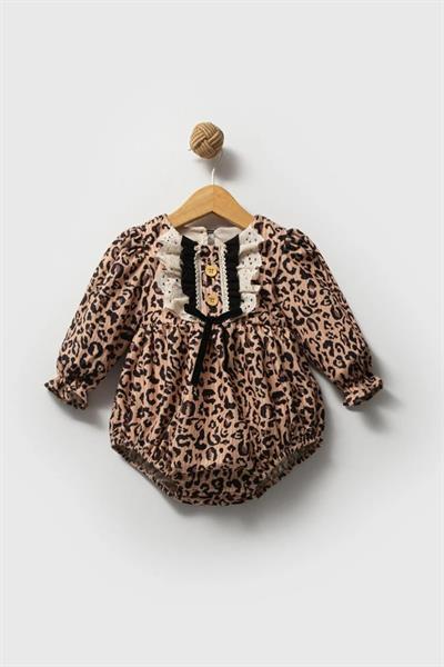 Kız Bebek Pamuklu Leopar Desenli Dantelli Uzun Kollu Tulum – Fiyonk ve Düğme Detaylı