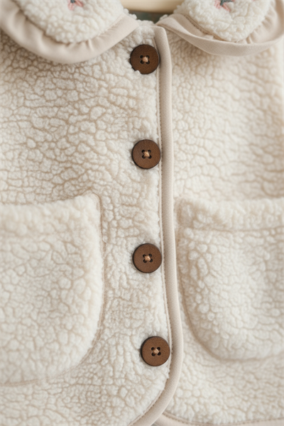 Kız Çocuk Krem Peluş Cepli Düğmeli Yelek – Nakışlı Yaka Detaylı