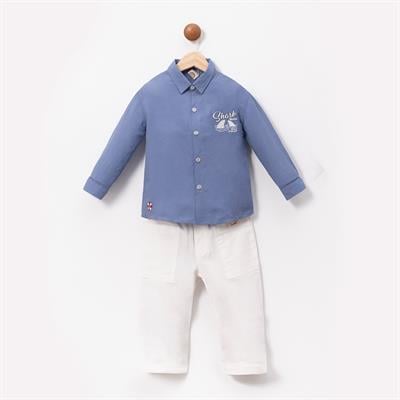 Erkek Çocuk Nakış Detaylı Gömlek ve Cepli Pantolon Takımı – 2li Set, Pamuklu