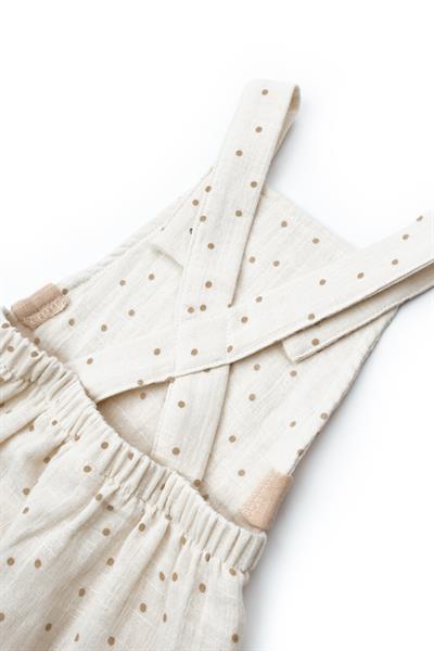 Erkek Bebek Müslin Ekru Noktalı Askılı Tulum ve Kulaklı Şapka Takımı