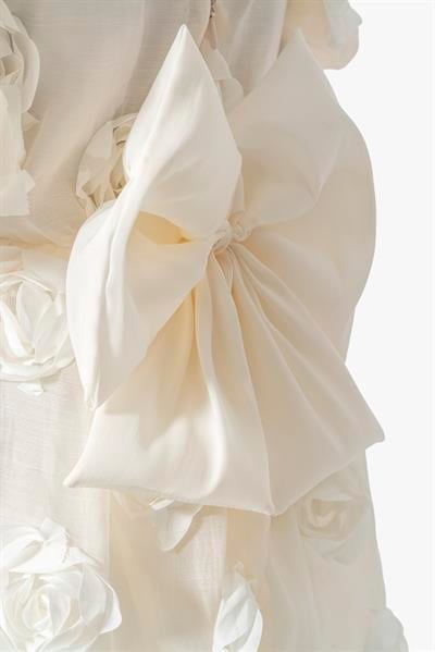 Kız Çocuk Pamuklu Ekru 3D Gül Detaylı Kabarık Elbise - Özel Gün ve Parti Stili