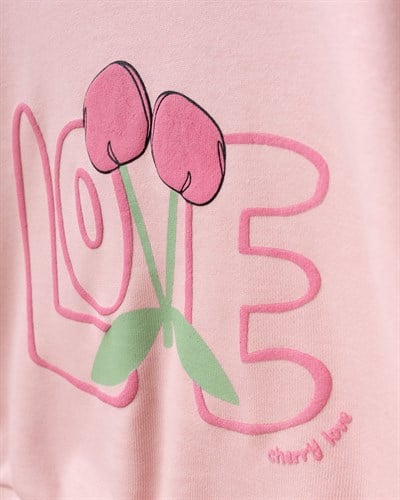 Kız Çocuk Pamuklu Kiraz Baskılı Pembe Sweatshirt ve Çizgili Pantolon Takımı