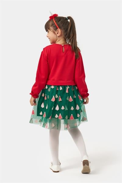Kız Çocuk Pamuklu Kırmızı Fiyonklu Uzun Kollu Yeşil Ağaç Desenli Tüllü Elbise - Yılbaşı Konseptli