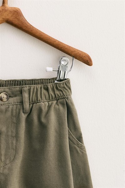 Unisex Çocuk Pamuklu Haki Cepli Pantolon - Lastikli Bel Rahat Kalıp