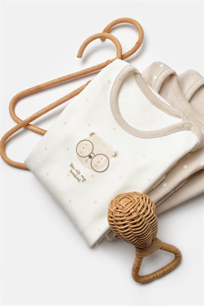 Unisex Bebek Pamuklu Bej Noktalı 3lü Uzun Kollu Body Seti - Ayıcık Desenli