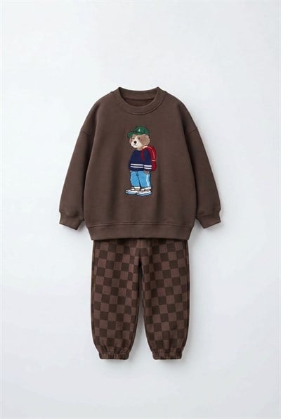 Çocuk Ayıcık Nakışlı Kahverengi Sweatshirt ve Dama Desenli Eşofman Altı Takım