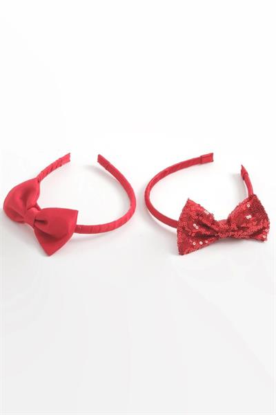 Kız Çocuk Payetli Kırmızı Fiyonklu Taç Seti - 2li Işıltılı Aksesuar