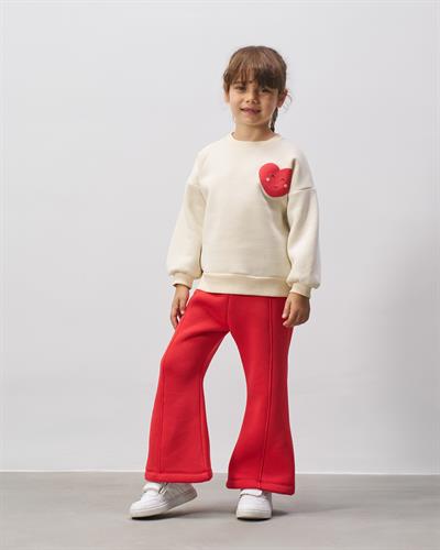 Kız Çocuk Pamuklu Ekru Kalpli Sweatshirt Kırmızı İspanyol Paça Eşofman Alt Takım