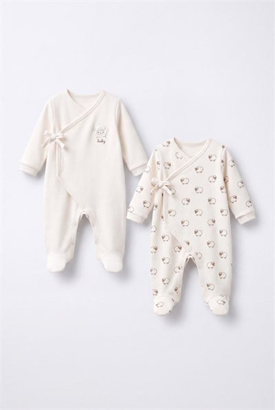 Bebek Pamuklu Kuzu Nakışlı Ekru Kruvaze Patikli Tulum 2li Set