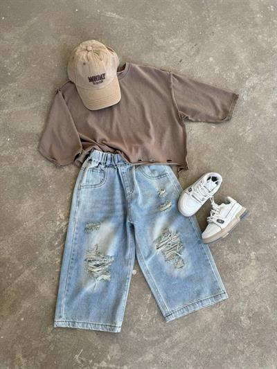 Kız Çocuk Baggy Fit Kot Vintage Yırtık Detaylı Pantolon