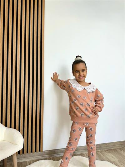 Kız Çocuk Pamuklu Kiremit Çiçek Desenli Dantel Yaka Sweatshirt & Tayt Takım