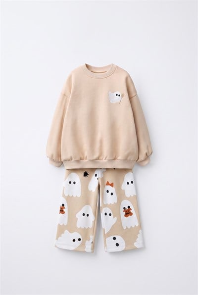 Çocuk Desenli Ekru Sweatshirt ve Bol Paça Eşofman Takımı