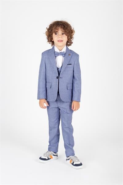 Mavi Çocuk Takım Elbise Şık Tasarım Papyonlu Yelekli Ceketli Smokin