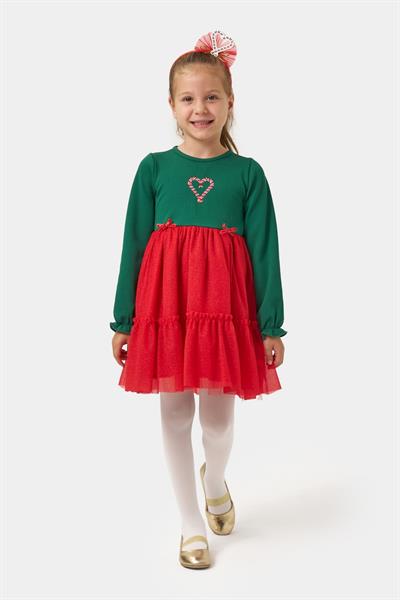 Kız Çocuk Pamuklu Yeşil Kalpli Uzun Kollu Tüllü Kırmızı Etekli Elbise - Yılbaşı Konseptli