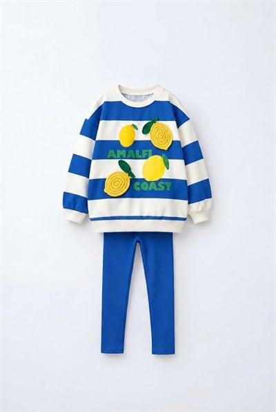 Çocuk Pamuklu Limon Mavi Çizgili Sweatshirt ve Tayt Takımı