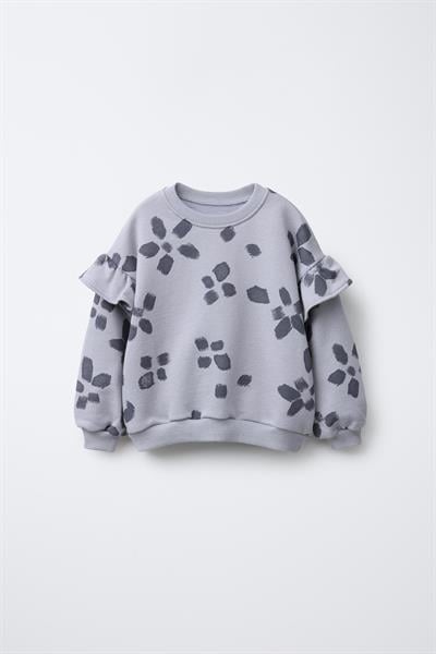 Kız Çocuk Pamuklu Gri Çiçek Desenli Sweatshirt ve Tayt Takım - Rahat Kesim, Fırfır Detaylı