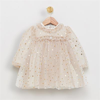 Kız Çocuk Pamuklu Bej Altın Yıldız Desenli Tül Elbise - Özel Gün Davet Elbisesi