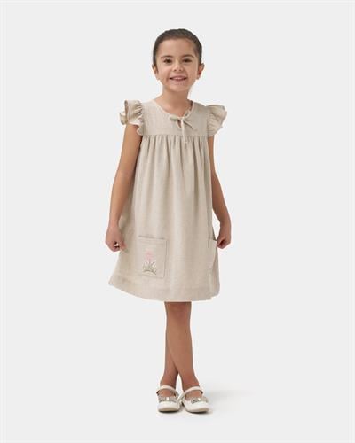 Kız Çocuk Keten Bej Çiçek Nakışlı Fırfır Kollu Elbise