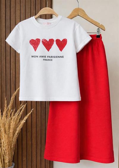 Kız Çocuk Pamuklu Ekru Kalp Baskılı T-Shirt ve Kırmızı Eşofman Takım