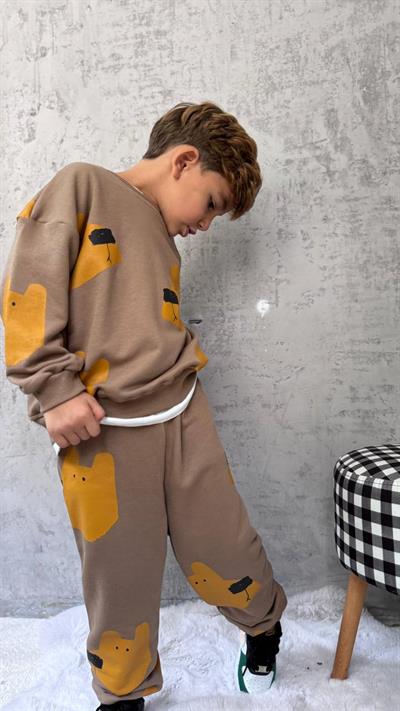 Erkek Çocuk Pamuklu Kahverengi Ayı Desenli Sweatshirt ve Jogger Eşofman Takımı - Rahat Günlük Stil