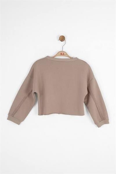 Kız Çocuk Pamuklu Bej Dikiş Detaylı Crop Sweatshirt