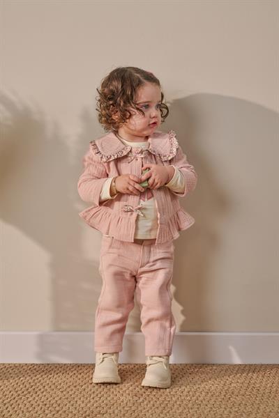 Kız Bebek Pamuklu Pudra Yakalı Müslin 3lü Takım - Ceket Tişört Pantolon
