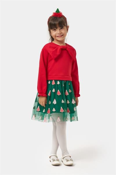 Kız Çocuk Pamuklu Kırmızı Fiyonklu Uzun Kollu Yeşil Ağaç Desenli Tüllü Elbise - Yılbaşı Konseptli