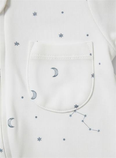 Unisex Bebek Pamuklu Ekru Gökyüzü Desenli Uzun Kollu Fermuarlı Tulum – Ay ve Yıldız Baskılı