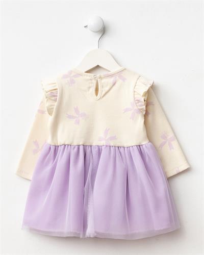 Kız Bebek Pamuklu Lila Tüllü Fiyonklu Elbise - Uzun Kollu Ribana