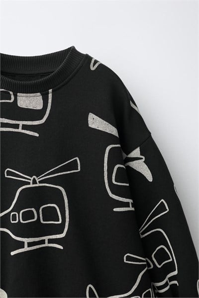 Çocuk Pamuklu Helikopter Desenli Siyah Sweatshirt ve Eşofman Altı Takımı