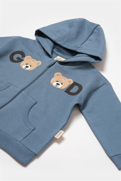 Bebek Pamuklu Mavi Kapüşonlu Ayıcık Baskılı Eşofman Takımı - İki Parça