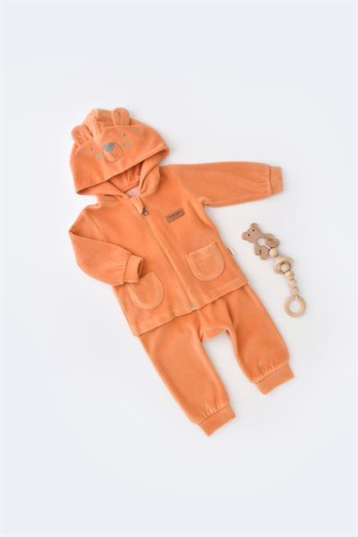 Unisex Bebek Organik Kadife Ayıcık Kapüşonlu Alt-Üst Takım - Fermuarlı Sweat Pantolon