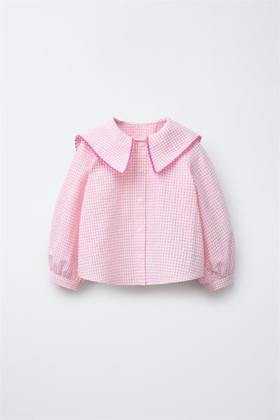 Kız Çocuk Pamuklu Pembe Kareli Gömlek Yaka Bluz Fiyonklu Pantolon Alt-Üst Takım