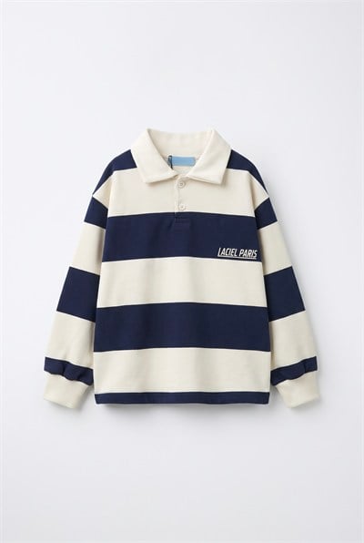 Çocuk Pamuklu Lacivert Ekru Çizgili Polo Yaka Sweatshirt
