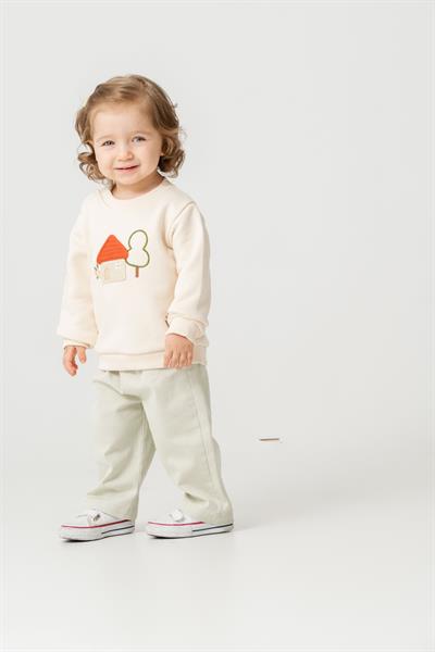 Kız Çocuk Pamuklu Ekru Ev Nakışlı Sweatshirt ve Pantolon Takım