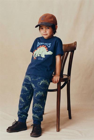 Erkek Çocuk Pamuklu Lacivert Dinozor Baskılı T-Shirt ve Eşofman Altı 2li Takım
