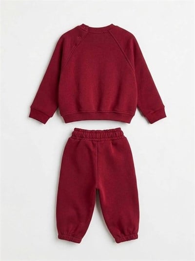 Çocuk Pamuklu Ayıcık Nakışlı Bordo Sweatshirt ve Eşofman Altı Takımı
