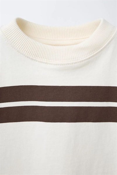 Çocuk Pamuklu Ekru Kahverengi Şeritli T-shirt Şort Takım
