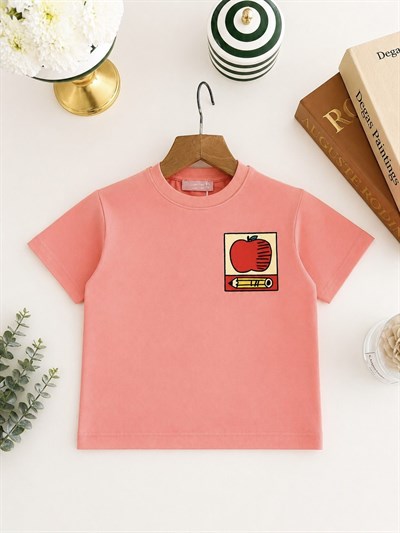 Unisex Çocuk Pamuklu Elma Baskılı T-shirt