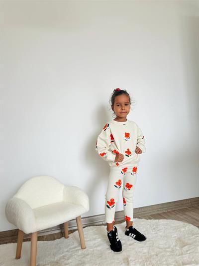 Kız Çocuk Pamuklu Ekru Kırmızı Çiçek Desenli Sweatshirt ve Tayt Takım - Günlük Konforlu Stil