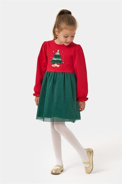 Kız Çocuk Pamuklu Kırmızı Yeşil Yılbaşı Ağacı Desenli Tüllü Elbise - Parıltılı Etek Detaylı
