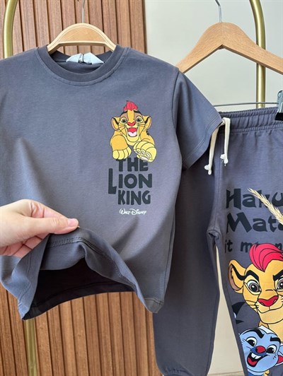 Erkek Çocuk Pamuklu Antrasit Aslan Baskılı Tişört Eşofman Takım - Jogger Alt Parçalı
