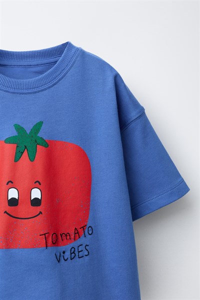 Unisex Çocuk Pamuklu Mavi Domates Baskılı T-Shirt Şort Takım