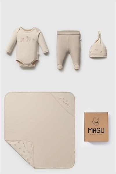 Organik Pamuklu 4lü Yenidoğan Bebek Hediye Seti - Body, Patikli Alt, Şapka ve Kapüşonlu Battaniye (Bej)