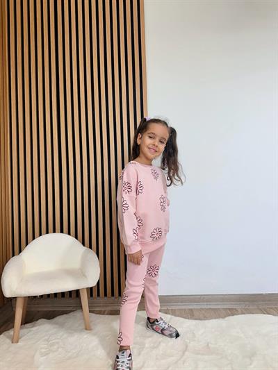 Kız Çocuk Pamuklu Pembe Çiçek Baskılı Sweatshirt Tayt Takım