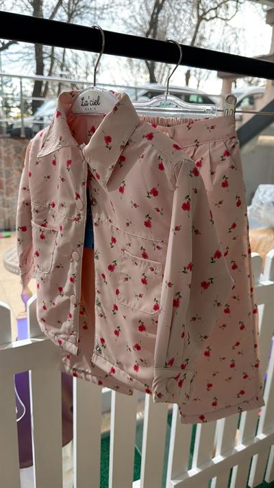 Kız Çocuk Pamuklu Pembe Çiçek Desenli Ceket Yaka Pantolon Takım